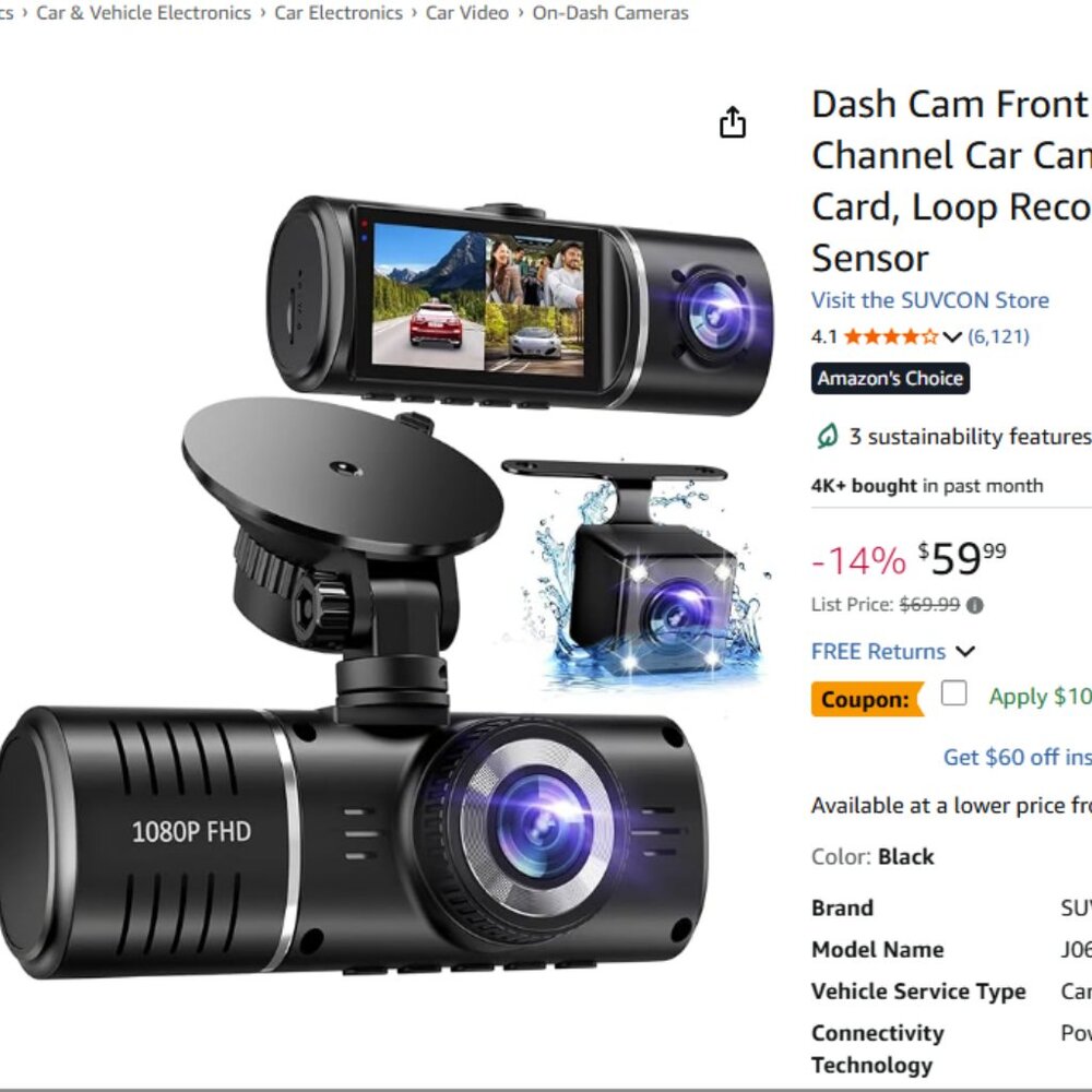 SUVCON J06 3-Channel Dash Cam Front/Rear/Inside 1080P + 32GB Card